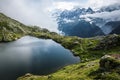 Colorful summer panorama of the Lac Blanc lake with Mont Blanc Monte Bianco on background, Chamonix location. Beautiful outdoor