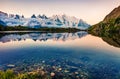 Colorful summer scene of Lac Blanc lake with Mont Blanc Monte Bianco on background, Chamonix location. Beautiful evening view of