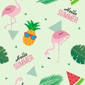 Colorful summer seamless pattern with flamingos, pineapple and watermelon Royalty Free Stock Photo