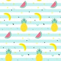 Colorful summer seamless pattern with fruits, banana, watermelon and geometric elements in memphis style background Royalty Free Stock Photo