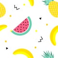 Colorful summer seamless pattern with fruits, banana, watermelon and geometric elements in memphis style background Royalty Free Stock Photo