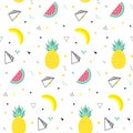 Colorful summer seamless pattern with fruits, banana, watermelon and geometric elements in memphis style background