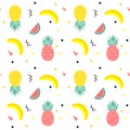 Colorful summer seamless pattern with fruits, banana, watermelon and geometric elements in memphis style background Royalty Free Stock Photo