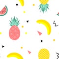 Colorful summer seamless pattern with fruits, banana, watermelon and geometric elements in memphis style background