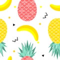 Colorful summer seamless pattern with fruits, banana, watermelon and geometric elements in memphis style background