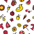 Colorful summer seamless pattern with hand drawn elements