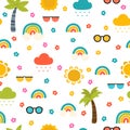 Colorful summer seamless pattern with hand drawn elements. Sun, palm tree, rainbow. Fashion print design great for fabric, Royalty Free Stock Photo