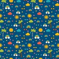 Colorful summer seamless pattern with hand drawn elements. Sun, palm tree, rainbow. Print design great for fabric, wrapping, Royalty Free Stock Photo