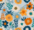 Colorful summer seamless pattern with hand drawn floral elements : flowers, leafs, and different plants. Blossoming beautiful back