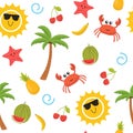 Colorful summer seamless pattern with sun, crab, starfish, palm, pineapple, banana and watermelon. Cute background