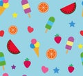 Colorful summer seamless pattern with tropical fruits and ice cream on blue background Royalty Free Stock Photo
