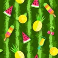 Colorful Summer seamless pattern with watermelon, pineapple, cocktail, cherry, orange and ice cream. Vector illustration Royalty Free Stock Photo