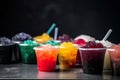 Colorful Frozen Fruit Slush Granita Drinks in Plastic Take-Away Cups with Lids and Drinking Straws