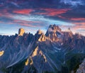 Colorful summer sunrise in Italy Alps, Tre Cime Di Lavaredo, Dolomites, Europe. Royalty Free Stock Photo