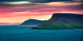 Colorful summer sunset on the beach near Grundarfjordur town. Fantastic night scene on Snaefellsnes peninsula, Iceland, Europe. Be