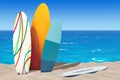 Colorful Summer Surfboards on the Sand Sunny Beach. 3d Rendering