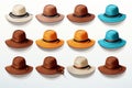 Colorful summer travel hats for women, set of fashionable icons on white background Royalty Free Stock Photo