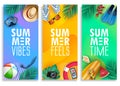 Colorful Summer Vertical Banner Set with Bright Vivid Gradient Background and Tropical Elements