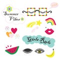 Colorful Summer Vibes funky and fun feminine icons set Royalty Free Stock Photo