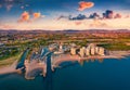 Colorful summer view from flying drone of large sea life center - Aquarium of Cattolica. Royalty Free Stock Photo