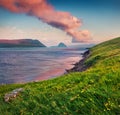 Colorful summer view of Hestur Island. Impressive sunrise on outskirts of Kirkjubour village, Faroe Islands, Kingdom of Denmark, E