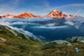 Colorful summer view of the Lac Blanc lake with Mont Blanc Monte Bianco on background, Chamonix location. Royalty Free Stock Photo