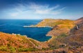 Colorful summer view of Porto Kagio, seaside village in the East Mani.