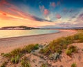 Colorful summer view of Voidokilia beach. Dramatic sunset on the Ionian Sea, Pilos town location, Greece Royalty Free Stock Photo