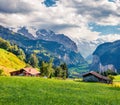 Colorful summer view of Wengen village. Dramatic outdoor scene in Swiss Alps, Bernese Oberland in the canton of Bern, Switzerland,
