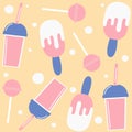 Cute colorful summertime seamless vector pattern background illustration with ice cream, lollipops and smoothie