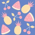 Cute colorful summertime seamless vector pattern background illustration with pineapples, cherries and watermelon