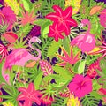 Colorful summery wallpaper with exotic flowers, tropical leaves and pink flamingo for fabric, textile, wrapping paper, greeting ca