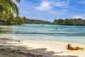 Colorful Sunbather Hauru Point Palm Trees Blue Water Moorea Tahiti