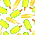 Seamless ice cream pattern isolated on white background. Popsicle with yellow and green glaze.