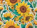 Colorful sunflowers and leaves illustration. Seamless Pattern Background. Royalty Free Stock Photo