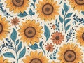 Colorful sunflowers and leaves illustration. Seamless Pattern Background. Royalty Free Stock Photo