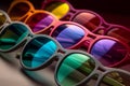 Colorful sunglasses on a pool table with a reflection of the pool. AI generation Royalty Free Stock Photo