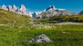 Colorful sunny morning view on calm lake, and mountains peaks . fairytale mountain valley of Tre Cime di Lavaredo National park