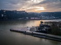 Colorful Sunrise burning sky Koblenz City historic monument German Corner where river rhine and mosele flow together