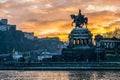 Colorful Sunrise burning sky Koblenz City historic monument German Corner where river rhine and mosele flow together