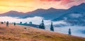 Colorful sunrise in Carpathian mountains. Splendid autumn scene of mountain valley. Royalty Free Stock Photo