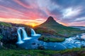 Colorful sunrise on Kirkjufellsfoss waterfall