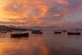 Colorful sunrise on the marina of Lausanne on the Lake Leman in