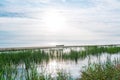 Colorful sunrise over Baltic Sea, still water on a small boat in the distance Royalty Free Stock Photo