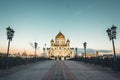 Colorful sunrise over the Cathedral of Christ the Savior. Cityscape with a view on orthodox temple from the bridge Patriarshiy Royalty Free Stock Photo