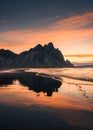 Colorful sunrise over Vestrahorn mountain in summer on Stokksnes peninsula at Iceland