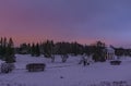 Colorful sunrise in the park of the city of Pavlovsk overlooking the Temple of Friendship and the Slavyanka River