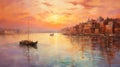 Colorful Sunrise Port: Romantic Landscape Oil Painting