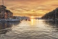 Colorful sunrise Portofino harbor and waterfront