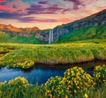 Colorful sunrise on Seljalandsfoss - where tourists can walk behind the falling waters